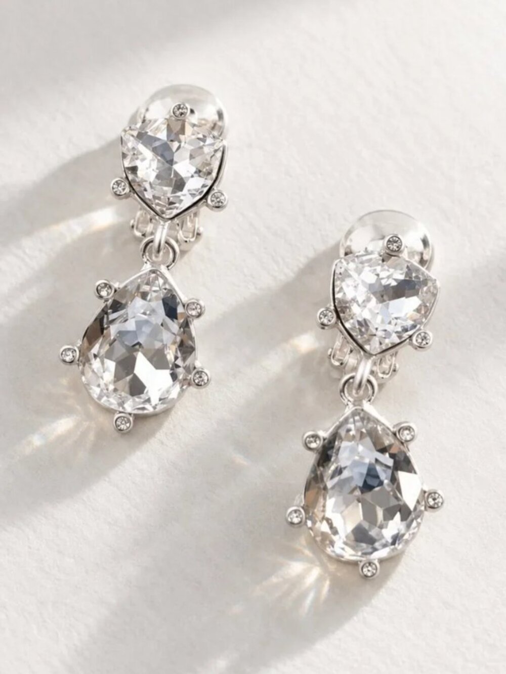 Oscar de la Renta Crystal Double Drop Clip-On Earrings Silver Tone